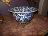 A Blue and White Pagoda, Floral with Gilded Brass Ormolu - Luxury Handmade Reproduction Chinese Porcelain - Statement 10dia x 6t Deco Bowl Style 39
