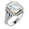 3.95 Carat, Luxury Emerald Cut Benzgem Solitaire, Benzgem; Diamond Quality Color and Cut, Swarovski CZ Semi-Mount; GuyDesign® Halo Design Engagement or Right Hand Ring, 14k White Gold, 6917,