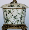 Creme and Green Ivy - Luxury Handmade and Painted Reproduction Chinese Porcelain and Gilt Bronze Ormolu - 7 Inch Table Top Pet Treat or Covered Dish Style B236