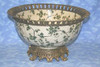 Creme and Green Ivy - Luxury Handmade and Painted Reproduction Chinese Porcelain and Gilt Bronze Ormolu - 14 Inch Decorative Display Bowl, Centerpiece Style F78