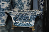 Indigo Blue and White Pagoda - Luxury Handmade and Painted Reproduction Chinese Porcelain and Gilt Bronze Ormolu - Statement 7 Inch Perforated Square Dish, Bowl - Style A526 1739 - Brand: Luxury Chinese Porcelain - Customizable