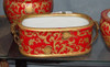 French Red and Gold Lotus Scroll - Luxury Handmade and Painted Reproduction Chinese Porcelain and Gilt Bronze Ormolu - 17 Inch Rectangular Statement Centerpiece Planter Style E593