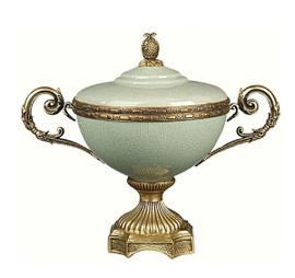 Luxe Life Glossy Sage Crackle Finely Finished Porcelain and Gilt Bronze Ormolu - 11 Inch Covered Urn