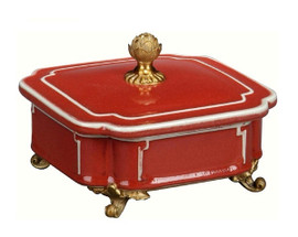 Luxe Life Glossy Red Finely Finished Porcelain and Gilt Bronze Ormolu - 7 Inch Square Covered Box