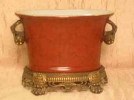 Marbled Red Pattern - Luxury Hand Painted Porcelain and Gilt Bronze Ormolu - 10 Inch Oval Planter