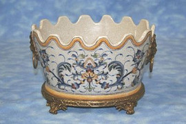 Florentine Pattern - Luxury Hand Painted Porcelain and Gilt Bronze Ormolu - 9 Inch Oval Scalloped Edge Planter