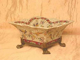 Crane in Flight Pattern - Luxury Hand Painted Porcelain and Gilt Bronze Ormolu - 8 Inch Square Scalloped Edge Potpourri Dish