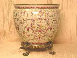 Crane in Flight Pattern - Luxury Hand Painted Porcelain and Gilt Bronze Ormolu - 14 Inch Fish Bowl | Fishbowl Planter