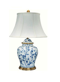 Porcelain Tabletop Lamp with Shantung Silk Shade - Classic Blue and White Cherry Blossom Pattern - 29t