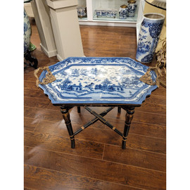 #Blue and White Porcelain Tray on Stand, Cocktail, Coffee, End Table Ormolu Trim - 10609 #Blue and White Porcelain Tray on Stand, Cocktail, Coffee, End Table Ormolu Trim - 10609