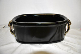 Style C593 - Rectangular Centerpiece | Statement Planter | Ebony Black Glaze Decorator Solid with D'or Brass Ormolu - Luxury Handmade Chinese Porcelain - Statement 13 Inch