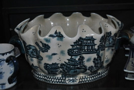 Indigo Blue and White Pagoda - Luxury Handmade Reproduction Chinese Porcelain - 16 Inch Scalloped Shell Foot Bath | Centerpiece Planter - Style C591