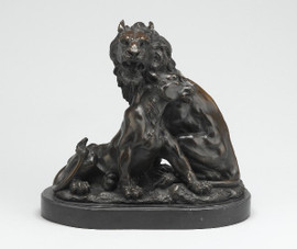 Bronze & Marble 16.25 Inch Lion Duo - Antique Bronze Patina