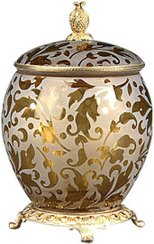 Luxe Life Finely Finished Amber Etched Glass and Gilt Bronze Ormolu, 10 Inch Covered Box