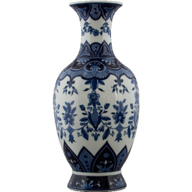 Classic Floral & Crosshatch Blue and White Pattern, Luxury Hand Painted Porcelain, 18 Inch Mantel Vase