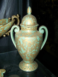 Celadon Green and Gold Arabesque - Luxury Handmade Reproduction Chinese Porcelain - 12 Inch Covered Jar - Style 707