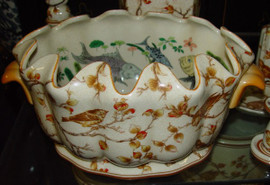 Creme and Orange Autumn Scene - Luxury Handmade Chinese Porcelain - 16 Inch Scalloped Rim Foot Bath | Centerpiece Planter - Style C591