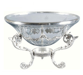 Luxe Life Finely Finished Etched Glass - 12.5 Inch Centerpiece Bowl with Brass Stand - Polished Silver Finish