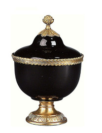 Luxe Life Glossy Black Finely Finished Porcelain and Gilt Bronze Ormolu, Round 9 Inch Decorative Container