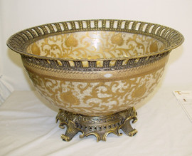 Ivory and Gold Lotus Scroll Arabesque with Gilded Brass Ormolu - Luxury Handmade Reproduction Chinese Porcelain - Statement 14.5 Inch Centerpiece or Fruit Display Bowl - Style F78