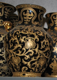 Ebony Black and Gold Lotus Scroll - Luxury Handmade Reproduction Chinese Porcelain - 14 Inch Wide Mouth Mantel Vase - Style 641