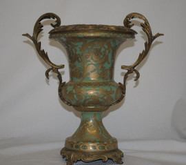 Celadon Green and Gold Arabesque - Luxury Handmade Reproduction Chinese Porcelain and Gilt Brass Ormolu - 14 Inch Trophy Cup Mantel Vase - Style A857