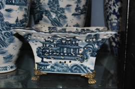 Indigo Blue and White Pagoda, Luxury Handmade Reproduction Chinese Porcelain and Gilt Brass Ormolu, Statement 7 Inch Perforated Square Dish | Bowl, Style A526