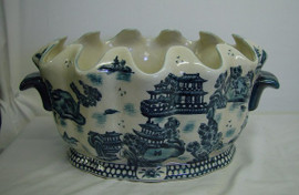 Indigo Blue and White Pagoda - Luxury Handmade Reproduction Chinese Porcelain - 12 Inch Scalloped Shell Foot Bath Planter or Centerpiece - Style C591