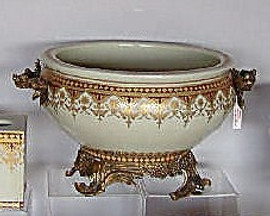 Neo Classical Ivory and Gold - Luxury Handmade Reproduction Chinese Porcelain and Gilt Brass Ormolu - 19 Inch Centerpiece Statement Bowl - Style fg35