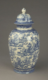 Blue and White Transferware Porcelain Jar, 16 Inches Tall