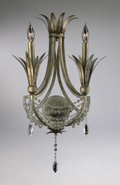 Feuille de Laurier - Rose Two Light Wrought Iron - 24 Inch Wall Bracket Sconce - Bronze Finish - Draped with Crystal