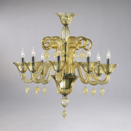 Transparent Golden Teak Glass Chandelier - Contemporary Style - Eight Lights
