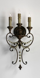 Francais Provencale Three Light Wrought Iron - 26.25 Inch Wall Bracket | Sconce - Brun Dore Finish - Draped with Wood Beads