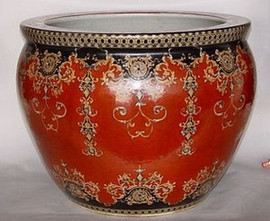 Imperial Red and Ebony Black - Luxury Hand Painted Reproduction Chinese Porcelain - 30 Inch Fish Bowl | Fishbowl Planter or Table Base Style 35