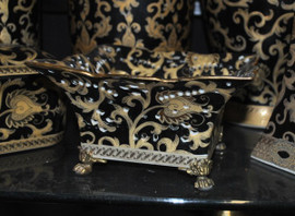 Ebony Black and Gold Lotus Scroll - Luxury Handmade Reproduction Chinese Porcelain and Gilt Brass Ormolu - Statement 7 Inch Perforated Square Dish | Bowl - Style A526