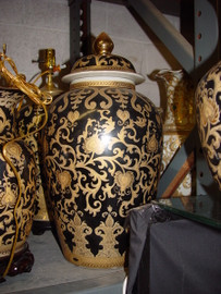 Ebony Black and Gold Lotus Scroll - Luxury Handmade Reproduction Chinese Porcelain - 18 Inch Tabletop Temple Jar - Style 24
