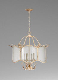 French Country Pattern - Wrought Iron and Wood Four Light Chandelier - Distressed White Finish