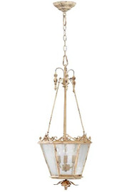 French Country Pattern - Wrought Iron and Wood Three Light Entry | Foyer Light - Distressed White Finish