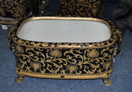 Style E593 - Rectangular Centerpiece | Statement Planter | Ebony Black and Gold Lotus Scroll - Luxury Handmade Chinese Reproduction Porcelain and Gilt Brass Ormolu - 21L x 11d x 9t