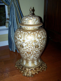 An Ivory and Gold Lotus Scroll Arabesque with Gilded Brass Ormolu - Luxury Handmade Reproduction Chinese Porcelain - Statement 25.5 Inch Palace Temple Jar Style D1