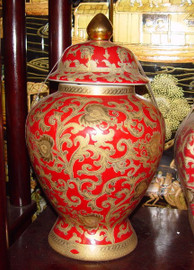 French Red and Gold Lotus Scroll - Luxury Handmade Reproduction Chinese Porcelain - 14 Inch Covered Temple Jar - Style 1