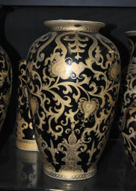 Ebony Black and Gold Lotus Scroll - Luxury Handmade Reproduction Chinese Porcelain - 14 Inch Tabletop Vase | Jardiniere - Style 807
