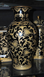 Ebony Black and Gold Lotus Scroll - Luxury Handmade Reproduction Chinese Porcelain - 14 Inch Mantel Vase | Jardiniere - Style 3