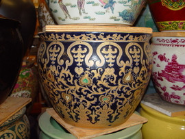 Midnight Blue and Gold Lotus Scroll - Luxury Handmade Reproduction Chinese Porcelain - 16 Inch Fish Bowl | Fishbowl Planter - Side | End | Lamp Table Base Style 35