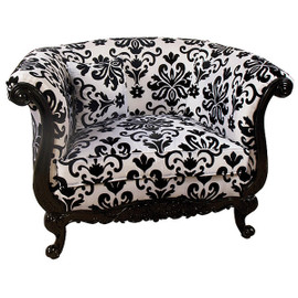 Black & White Damask Print Hardwood Hand Carved - 48 Inch Tub Bergere Chair - Ebony Finish