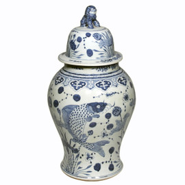 Blue and White Porcelain Temple Jar - 24 Inches Tall