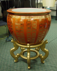 Double Happiness Orange and Gold - Geometric Luxury Handmade Reproduction Chinese Porcelain - 20 Inch Fish Bowl | Fishbowl | Planter | Lamp Table Base Style 35