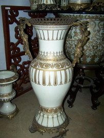 Neo Classical Ivory and Gold Flourish - Luxury Handmade Reproduction Chinese Porcelain and Gilt Brass Ormolu - 29 Inch Palace Vase | Statement Jardiniere - Style B458