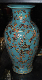 Teal Blue and Gold Pagoda - Luxury Handmade Reproduction Chinese Porcelain - 14 Inch Mantel Vase | Jardiniere - Style 3