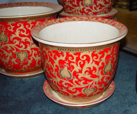 French Red and Gold Lotus Scroll - Luxury Handmade Reproduction Chinese Porcelain - #8 Traditional Flower Pot Planter - Style 42